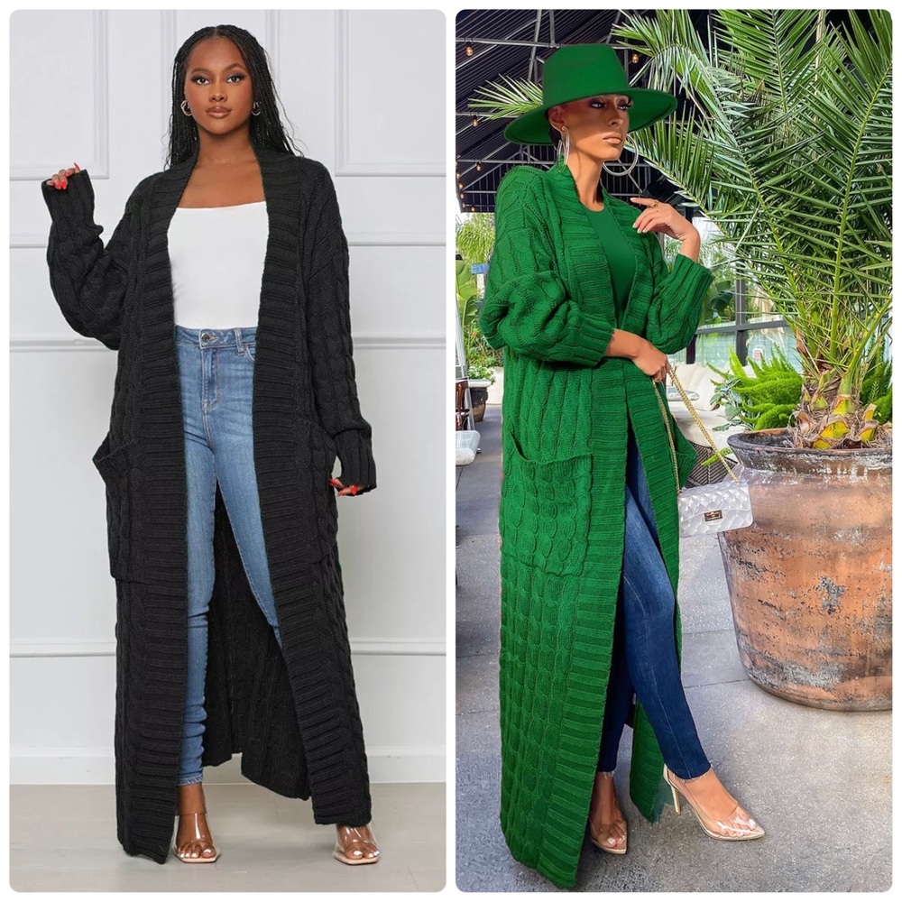 Oversized Cable Knit Sweater long Duster- Green - Picture 2 of 2